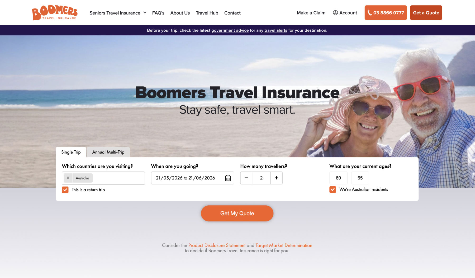 Boomers Travel Insurance website screenshot