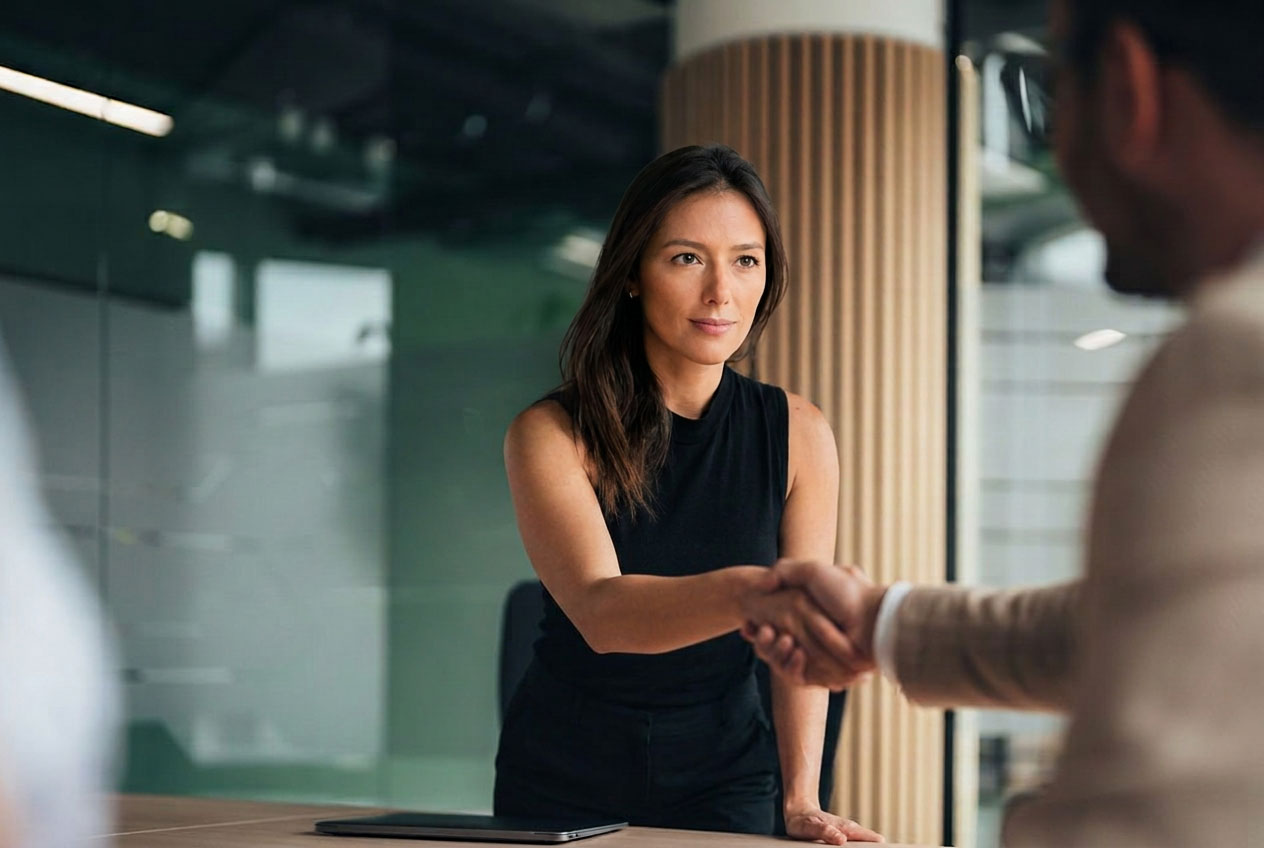 Dara Rymarz shaking hands with a client, Surface