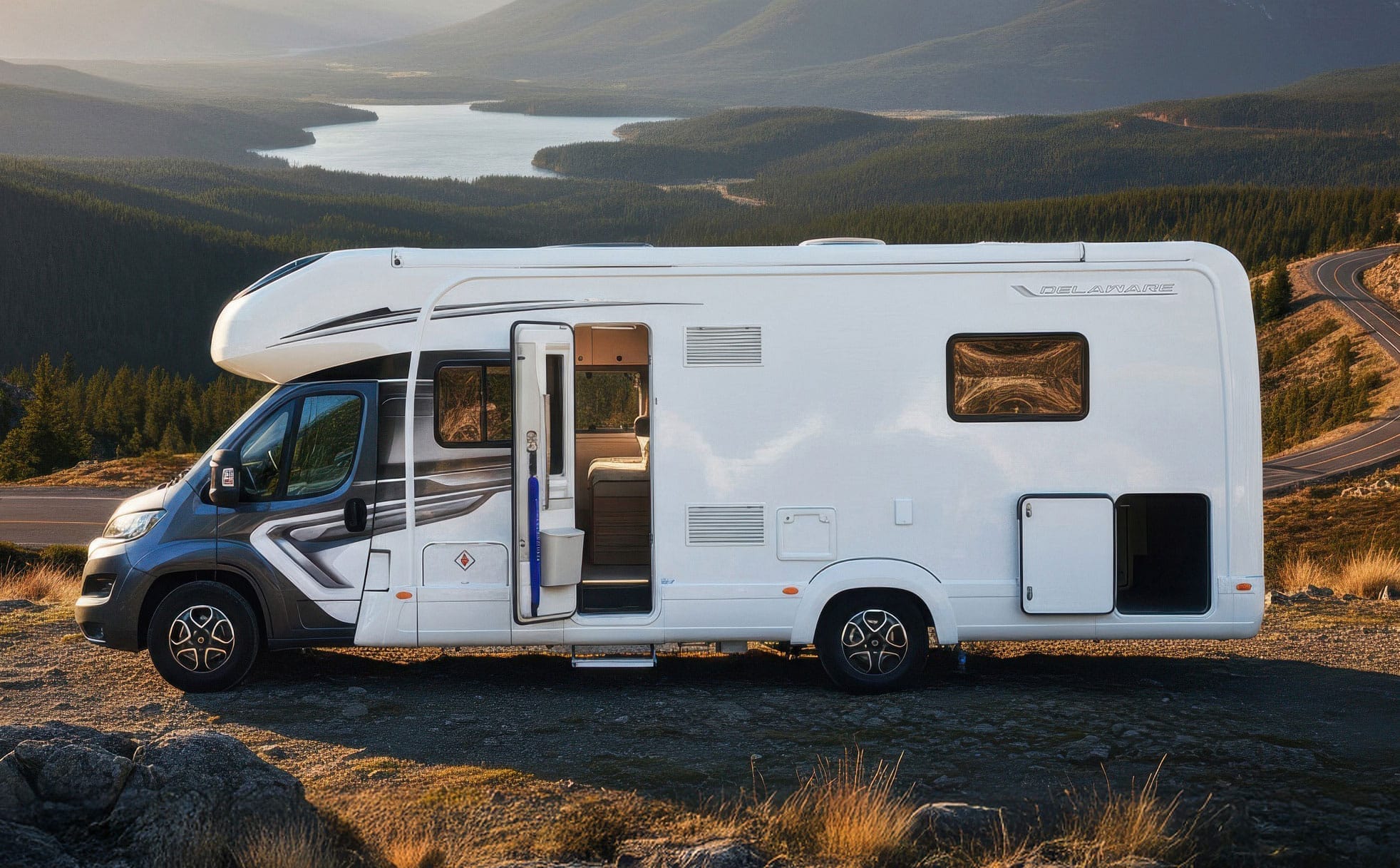 An Auto-Trail Delaware motorhome parked at a lookout above a forested valley and lake