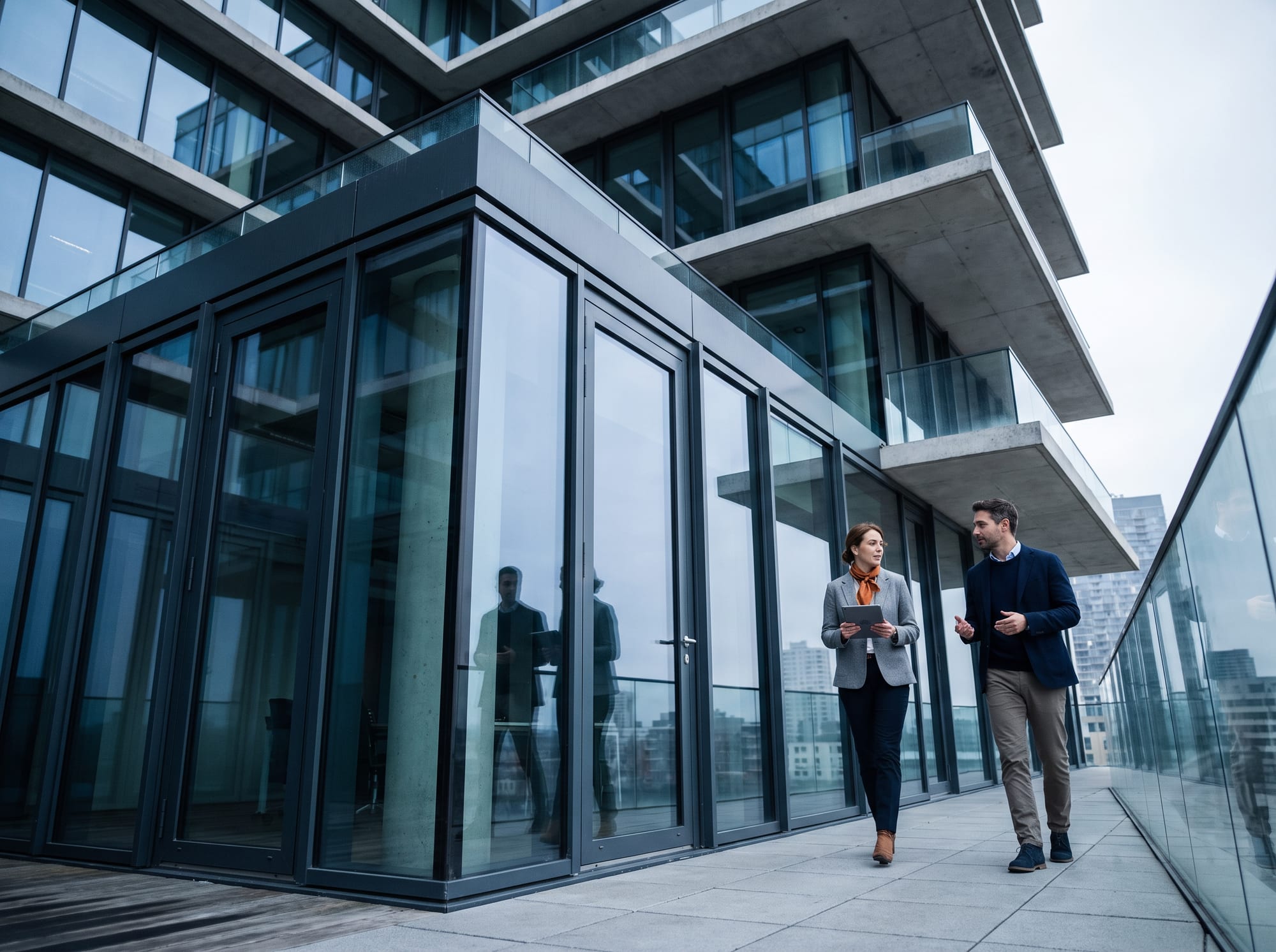 Two professionals walking along the glass terrace of a modern office building